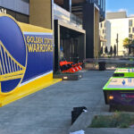 San Francisco Warriors basketball setup for a fan appreciation event at new Chase Center by Arcade party rental