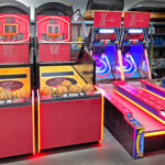 NBA Game Time basketball games and Ice Ball FX LED skeeball arcade game ready for rent Bat Mitzvah event from Arcade Party Rental