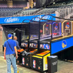 NBA Hoops LED Basketball Arcade Games at Chase Center the home of Warriors basketball team in San Francisco making final test before the rental event from Arcade Party Rental