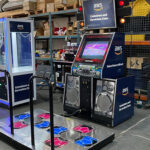 DDR Dance Dance Revolution game with custom graphics branding Las Vegas from Arcade Party Rental company.