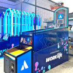 NBA Hoops arcade basketball game with custom corporate branding for a trade show from Arcade Party Rental