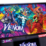 Venom Pinball Machine backglass with Marvel iconic characters Arcade Party Rental
