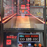 NBA Hoops Basketball Arcade Game with corporate branding and colors for a trade show convention in Las Vegas from Arcade Party Rental
