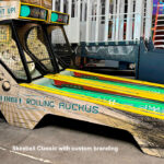 Classic Skee-Ball lane with custom branding ready for rental corporate event available from Arcade Party Rental Las Vegas San Diego