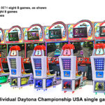 Daytona Championship USA 3 eight lionked racing simulator games available for your next corporate event rent or lease from Arcade Party Rental Los Angeles San Diego
