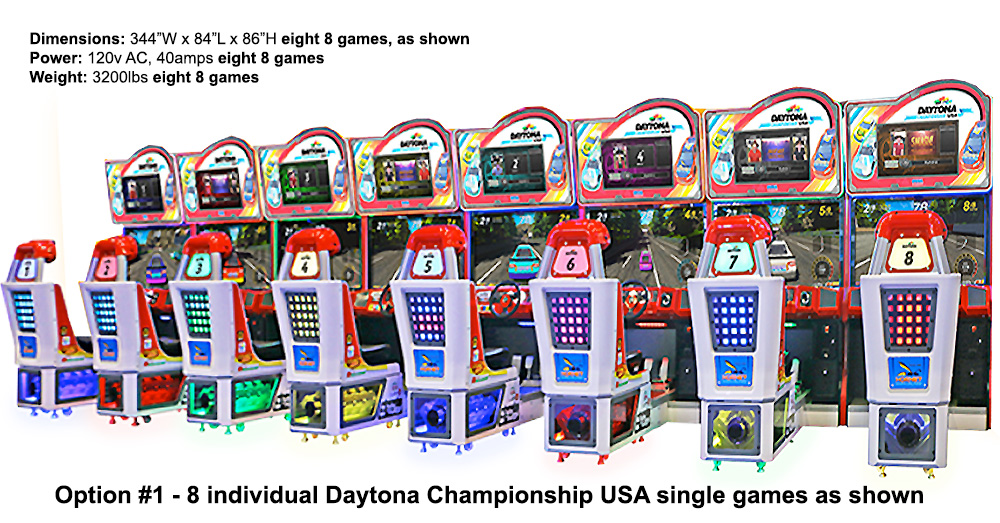 Daytona Championship USA 3 eight lionked racing simulator games available for your next corporate event rent or lease from Arcade Party Rental Los Angeles San Diego