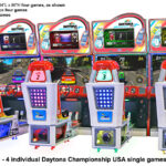 Daytona Championship USA 3 four linked racing simulator games for your next party event available for rent or hire from Arcade Party Rental Bay Area California