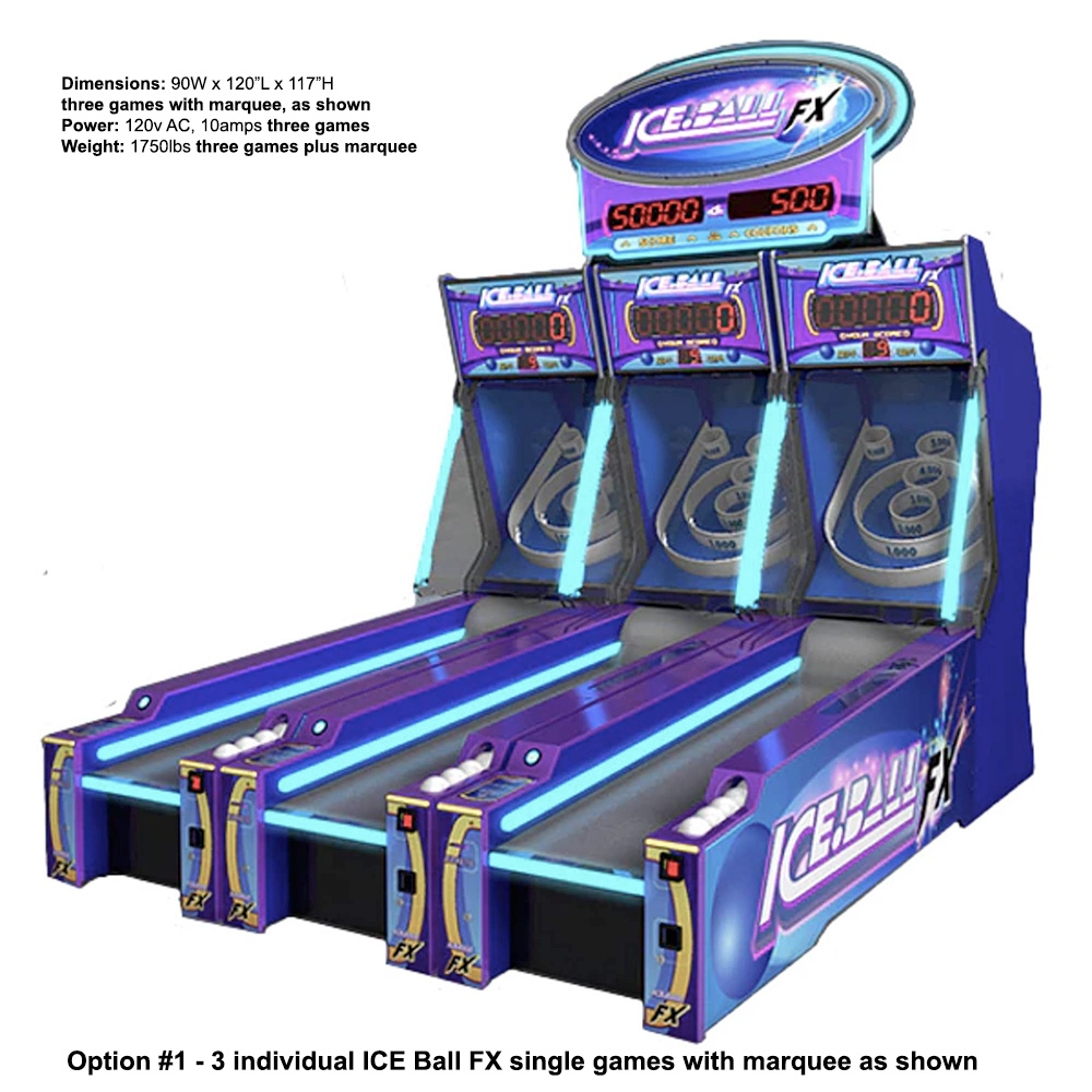 ICE Ball FX skeeball game from ICE Games with overhead marquee available for rent from Arcade Party Rental San Francisco Los Angeles California