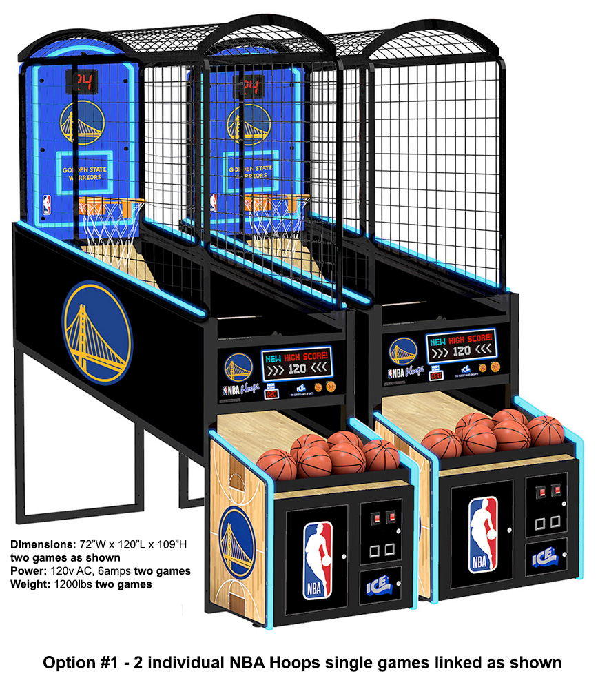 NBA Hoops Basketball LED arcade games linked for competition available for rent and lease from Arcade Party Rental San Francisco Los Angles