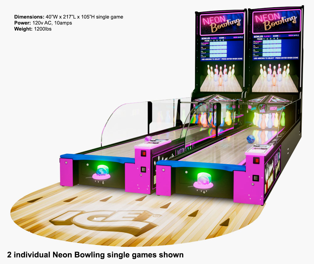 Neo Bowling portable arcade lanes from ICE Games available for lease hire or rent from Arcade Party Rental Las Vegas Los Angeles