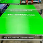 Ping Pong tables with corporate logos ready to be delivered by Arcade Party Rental San Francisco