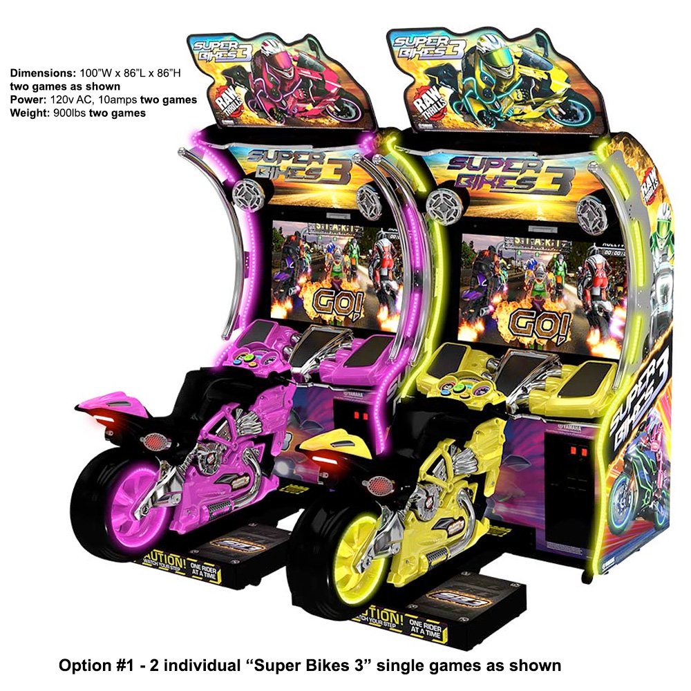 Super Bikes 3 arcade games two motorcycles linked for competitive play racing arcade game from Arcade Party Rental San-Francisco Bay Area rentals