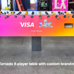 Valley Tornado LED 8 player foosball table with custom branding for Super Bowl from Arcade Party Rental