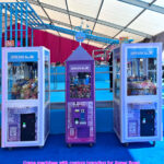 Candy crane and two claw crane machines with Super Bowl branding 2026 in Santa Clara from Arcade Party Rental San Francisco