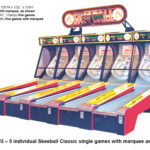 Five 5 individual Classic Skee-Ball Machines for rent with overhead custom marquee sign from Arcade Party Rental San Diego San Francisco