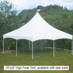 High peak 20 x 20 tent available with side walls for rent delivered to your party or corporate event from Arcade Party Rental San Francisco Los Angeles