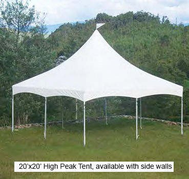 High peak 20 x 20 tent available with side walls for rent delivered to your party or corporate event from Arcade Party Rental San Francisco Los Angeles