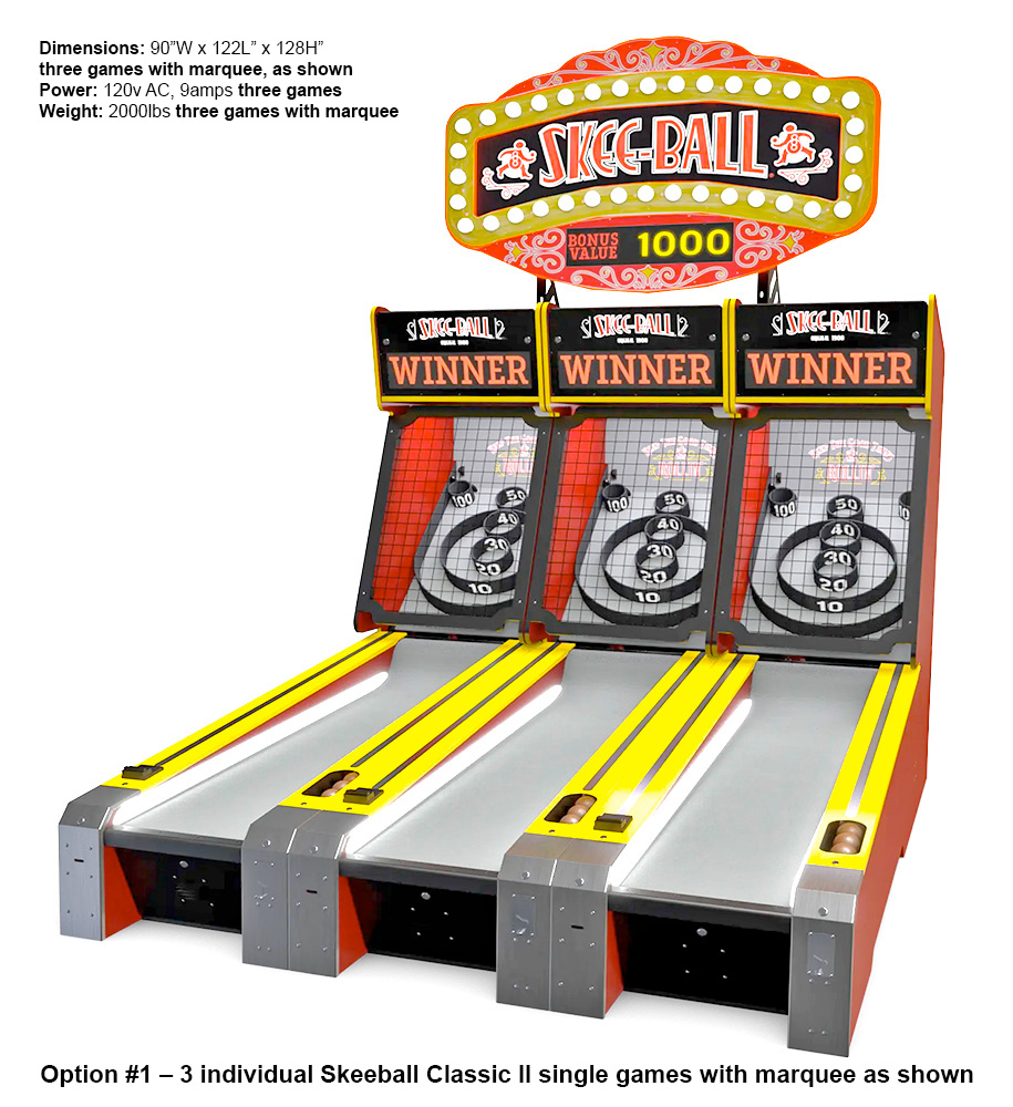 Skee-Ball Classic II 3 three linked games with optional marquee sign delivered from Bay Tech Games available for rent from Arcade Party Rental San Francisco California